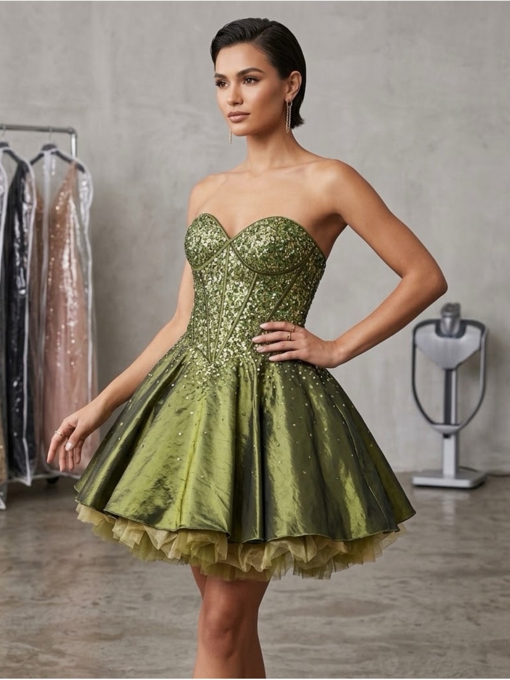 Jovani Olive Green Strapless Sequin Corset Cocktail Dress